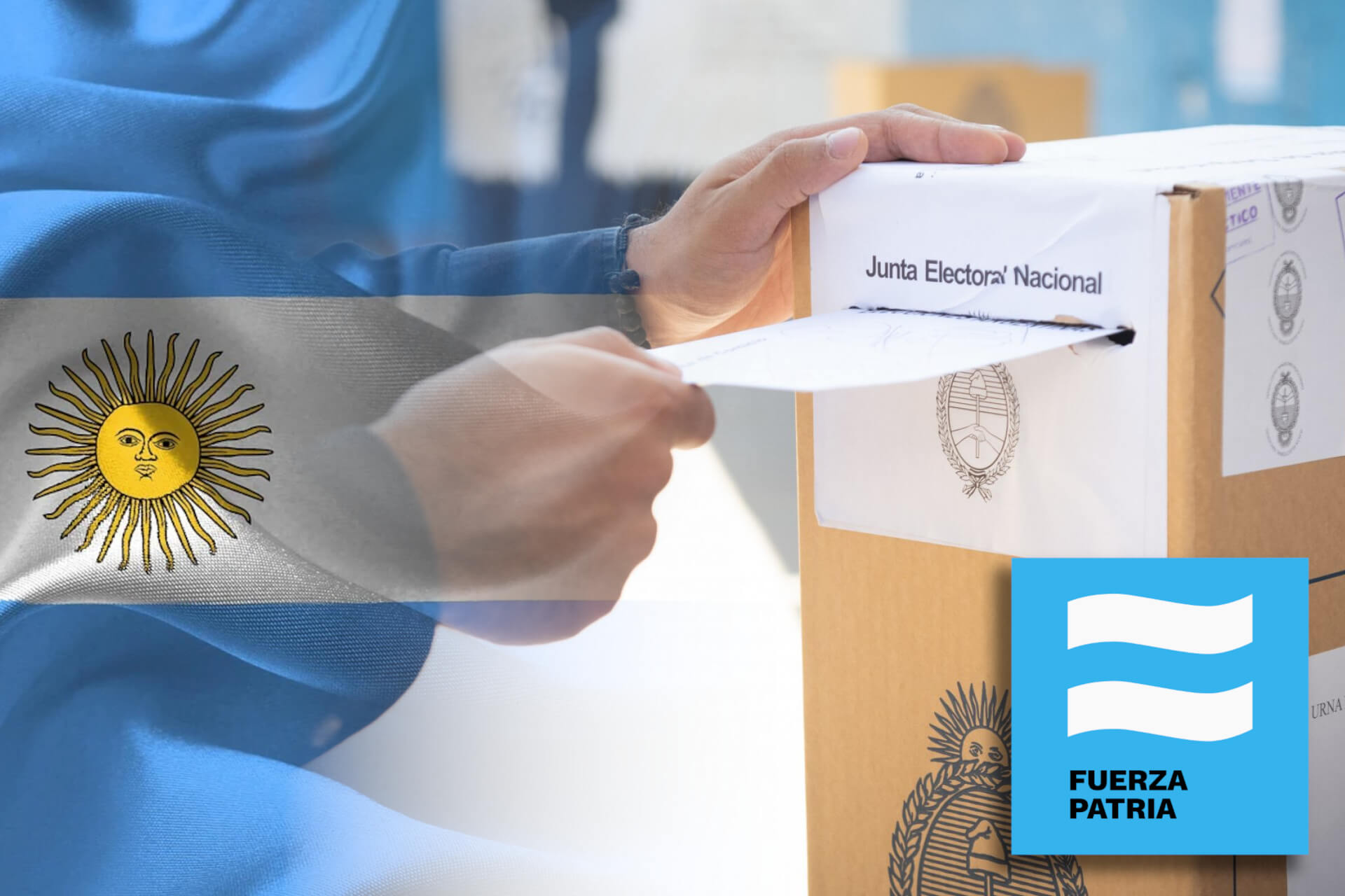Imagen de composición sobre las elecciones con una urna, el logo de Fuerza Patria y la bandera argentina
